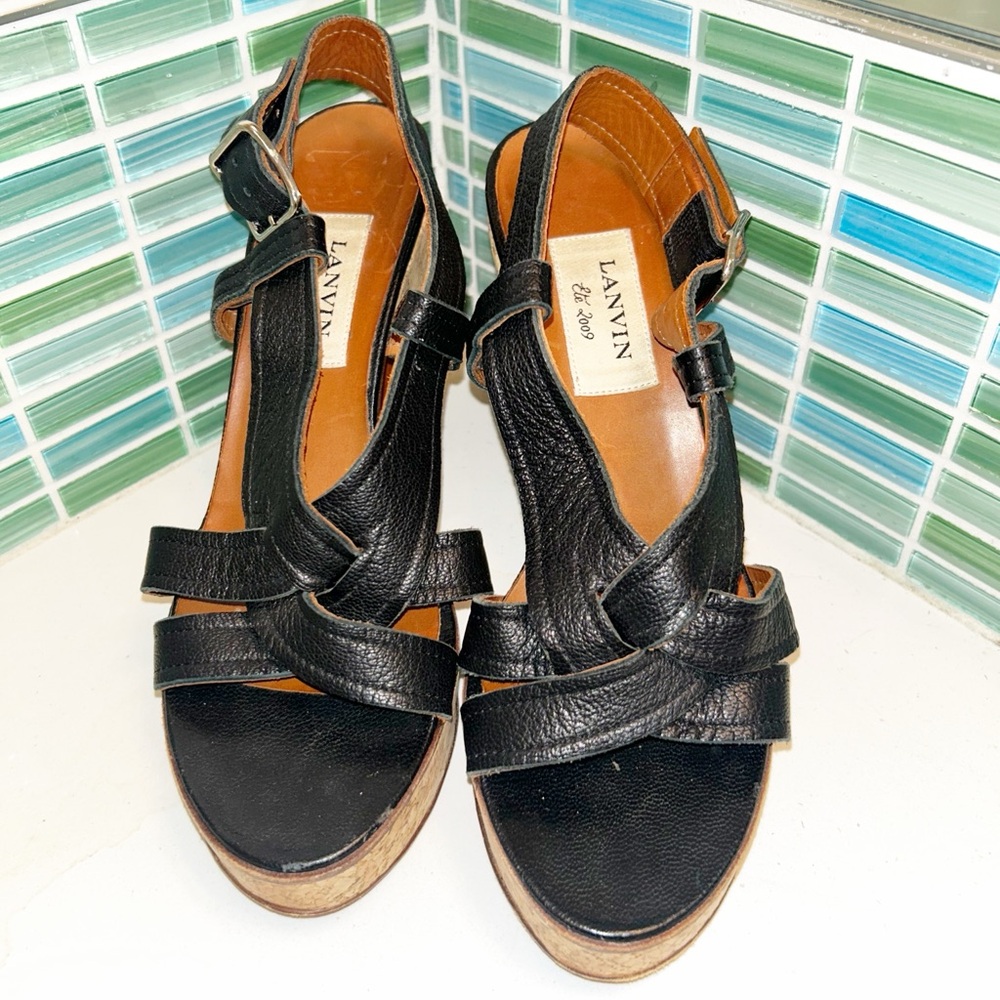 LANVIN The Leather & Cork Platform Sandals Silver Hardware Made in Italy SZ: 6.5